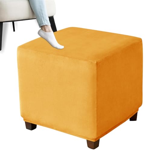 XDKS Funda otomana Cuadrada,elástica para taburetes de Terciopelo, Funda para otomana, Funda para reposapiés Cuadrado con Parte Inferior elástica (Gold,110×110×50cm)