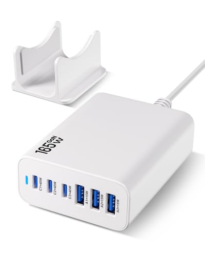 6 Ports Ladestation Schnellladegerät 165W USB C Schnelllade Netzteil PD Power GaN Ladegerät kompatibel mit iPhone 17/16/15 Pro iPad Laptops und Galaxy ideal für Zuhause & unterwegs