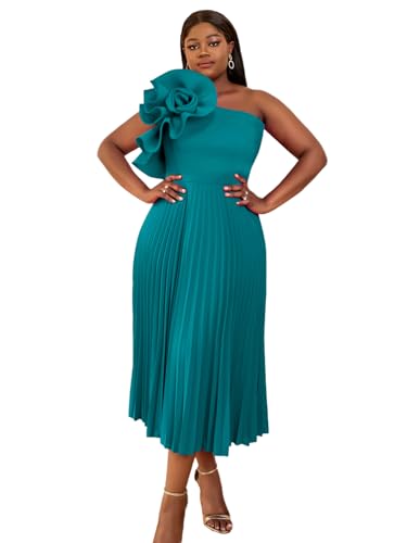 Image of AOMEI Women's One Shoulder 3D Flower Sleeveless High Waist Pleated A Line Long Dress Party Summer