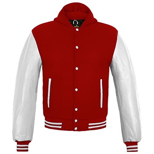 Image of Deckra Men's Varsity Jacket Genuine Leather Sleeve and Wool Blend Letterman Boys College Varsity Jackets XS-5XL