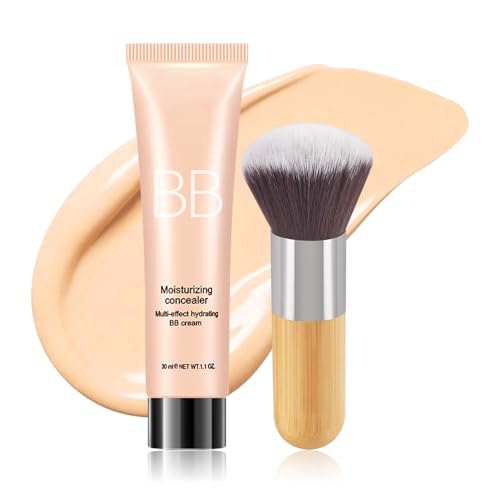 BB Cream Skin Tinted Foundation Makeup,Concealer Full Coverage Lightweight Matte Foundation with Brush,Evens Skin Tone,Oil Control Cover Flaws,Natural Finish for All Skin Types,Vegan - Light Skin