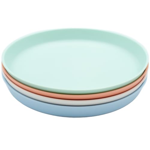 WeeSprout Bamboo Plates Set of 4 Kid-Sized Dinnerware Dishwasher Safe Melamine Dishware (Pastel Coral Blue Mint & Off White Without Lids)