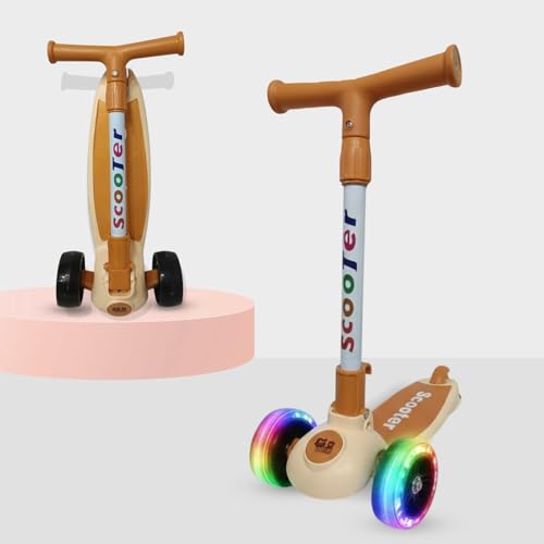 Image of NHR Foldable 3 Wheel Kick Scooter for Kids Up to 6 Years with Colorful LED Flashing Wheels, 4 Level Height Adjustable Handlebar, Tilt-to-Steer & Rear Press Brake Toy Boys Girls (Beige)