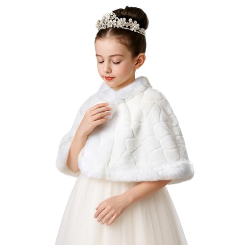 Flower Girls Faux Fur Bolero Shrug Princess Shawl Wraps Warm Shoulder Cape Wedding Birthday Evening Dress Up3