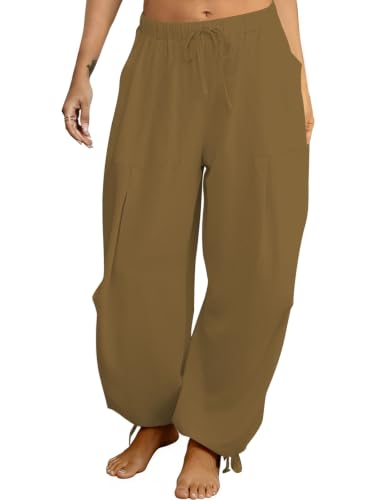 Image of Women's Linen Balloon Barrel Beach Pants Boho Harem Flowy Drawstring Casual Loose Pants with Pockets