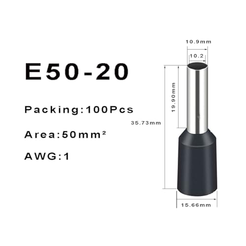 Image of 100 Pcs AWG1 Wire Ferrules Terminals,Insulated E50-20 Ferrule Cord Pin End Connectors for Car Audio,Electric, Industrial(50mm)