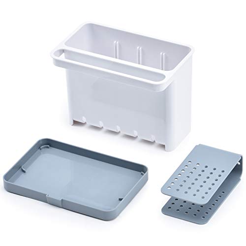 KINGRACK Sink Caddy, Kitchen Sponge Holder Soap Organizer Cloth Hanger, Multi-Purpose Sinkware Caddy for Kitchen Accessories with Drip Tray, Rust Proof for Dishwashing Tools, White