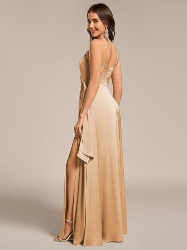 Image of Ever-Pretty Women's Sexy Spaghetti Straps Ruched V Neck Floor Length Satin Formal Dress with Slit 02317