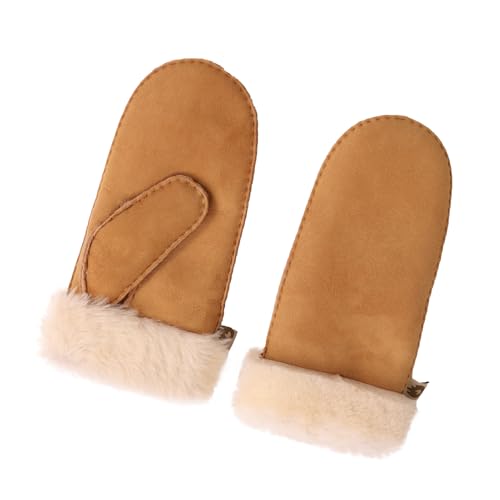 Kathyland Kids Mittens with Sheepskin Lining for Winter Cold Weather Gloves (Khaki, M)