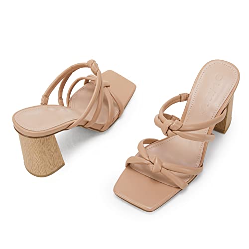 Image of LAICIGO Womens Chunky Block Heels Sandals Square Open Toe Slip on Slides | 3.5In-High Heeled Sandals, Double Knot Strap, Summer Dress Shoes, Work Casual, Vacation, Party