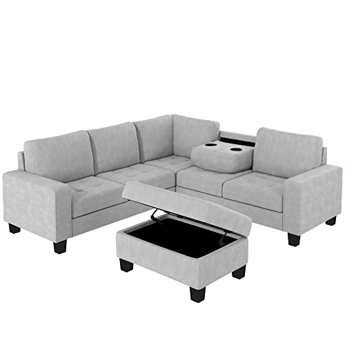 Evedy Ottoman Living Room Furniture Sets,Sectional Sofa,L-Shaped Couch,5 Seater Combination Corner Sofá With Storage Footrest And Cup Holder Saving Design For Large Space Apartments,Light Gray Velvet #TOP4