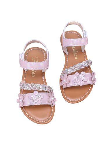 GORGLITTER Girl's Flower Ankle Strap Flat Sandals Glitter Rhinestone Round Toe Summer Beach Vacation Sandal Slippers