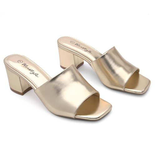 Image of Herstyle Square Open Toe Heeled Sandals for Women 2.5 Inch Low Block Chunky Heel Sandals Slip-On Mules Comfortable Dress Shoes for Party Wedding Office