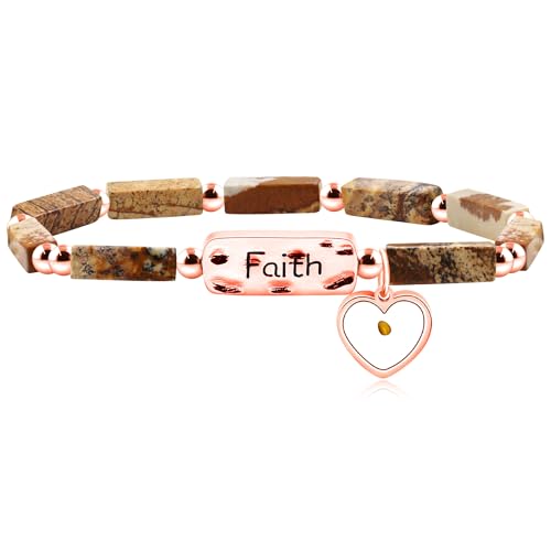 Image of Elastic Faith Bracelet for Women, Adjustable 7 inch Natural Stone Bracelet with Heart Mustard Seed Charm, Spiritual Christian Jewelry for Baptism, Graduation, Religious Celebration YA4856