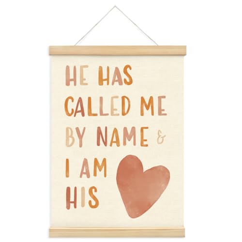 Image of PLKMN Christian Nursery Wall Decor, He Has Called Me by Name Wall Art with Wooden Poster Hanger, Boho Heart Christian Wall Decor for Nursery Kids Room Sunday School Preschool Classroom, 12x16 Inch