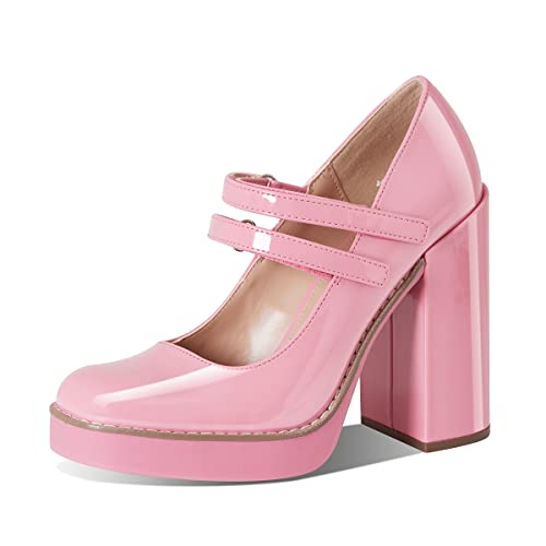 Ancomafio Women’s Mary Janes Square Toe Platform Heels Chunky Heeled Pumps Twice Loafer Ankle Strap Mary Janes Shoes