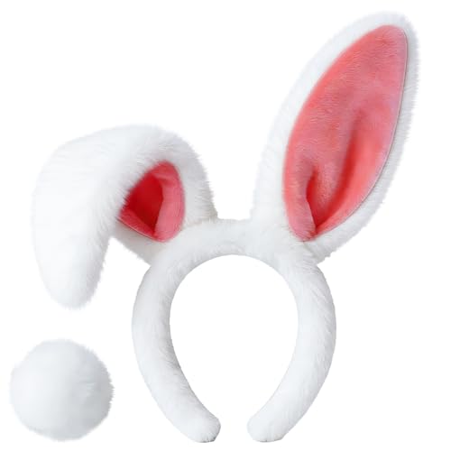 D-Fokes Easter Bunny Ears Headband and Bunny Tail Rabbit Ears Headband for Easter Party Cosplay DecorationWhite
