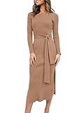 ANRABESS Womens Long Sleeve Sweater Dress Crew Neck Slim Fit Slit Tie Waist 2025 Ribbed Knit Bodycon Midi Dress Fall Outfits Khaki Small