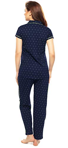 Image of ZEYO Women's Cotton Tringle Printed Navy Blue Night Suit Set of Shirt & Pyjama 5054 (Available in Plus Size)