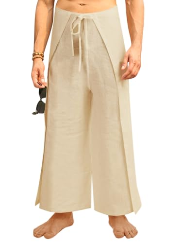Runcati Mens Linen Wrap Pants Thai Fisherman Yoga Beach Hippie Lightweight Loose Fit Pants