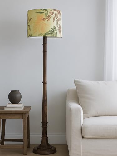 Image of Rustic Wood Floor Lamp for Living Room Walnut Brown with Multicolor Fabric Lamp Shade | Light Decoration for Home Side Lamp for Living Room | Antique Floor Light, (Candlestick Palm Leaf)