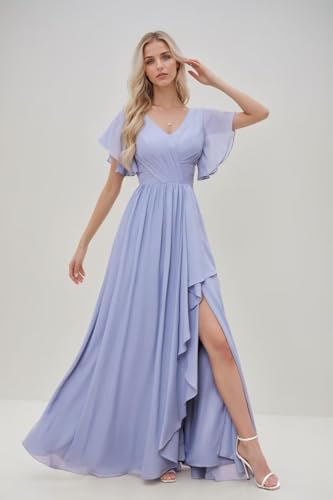 RSOETOO Women's Flutter Sleeves Bridesmaid Dresses 2025 with Slit Chiffon V Neck Formal Party Dress RO2914