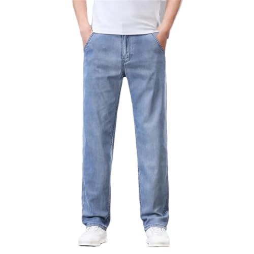 Men's Summer Thin Jeans Lyocell Soft Breathable Straight Leg Elastic Ice Silk Casual Denim Pants Lightweight Trousers