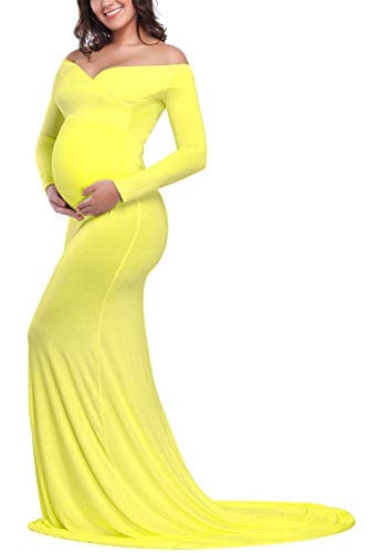 JustVH Vestido de Maternidad Elegante, Ajustado, Manga Larga, Cuello en V Cruzado, Ajustado, Maxi Vestido de fotografía - Amarillo - Small