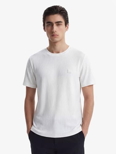 Image of DAMENSCH Men's Striped Texture, Cotton-Rich Comfort, Regular Fit, Solid Colours Striped T-Shirts