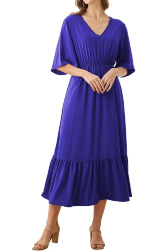 Image of Women's Summer Short Sleeve Maxi Floral Flowy Dresses with Pockets
