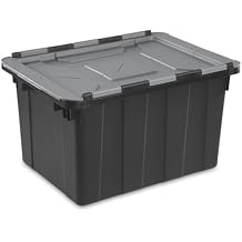 12 Gallon Hinged Lid Industrial Tote, Plastic Storage Bin with FlipLid, Dark Gray