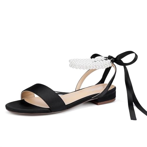 Image of Satin Wedding Flats for Bride Pearl Sandals Open Toe Bridal Shoes Flat Wedding Shoes for Bride