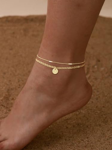 Image of Initial Ankle Bracelets for Women 14K Gold Plated Dainty Layered Round Letter Anklets Beach Jewelry Gift