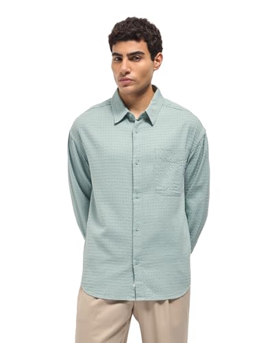 Image of THE BEAR HOUSE Men Pure Cotton Textured Relaxed Fit Overshirt