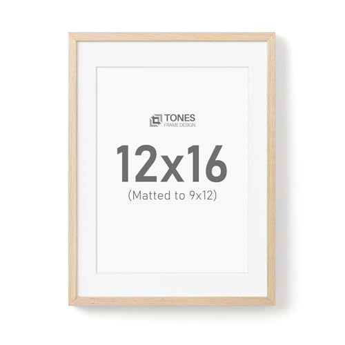TONES FRAME DESIGN 12x16 Picture Frames with Mat for 9x12, Solid Wood Veneer Finish Natural Poster Frame with Plexiglass for Gallery Wall Photo Art Prints Home Decor (1 Pack)