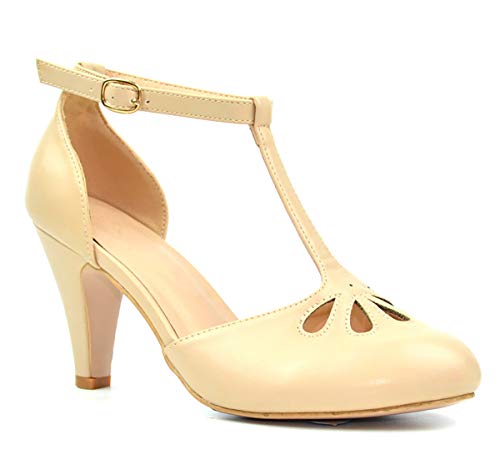 Chase & Chloe Kimmy-36 Women's Teardrop Cut Out T-Strap Mid Heel Dress Pumps (7, Nude PU)2