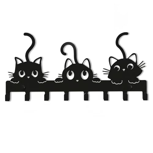 Eclove 26 x 12cm Portachiavi da Parete, Appendichiavi da Parete in Metallo Nero con 8 Ganci, Tema Gatto Gancio da Parete, Decorativo per Corridoio Porta Anteriore Camera da Letto (Tre gattini)