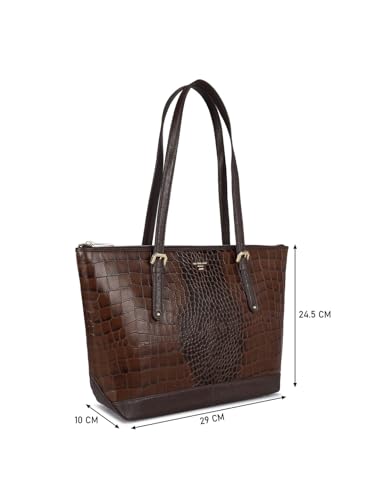 Image of Da Milano Leather Tote Bag for Women - Genuine Brown Handbag with Dual Texture, Zipper Closure & Everyday Elegance