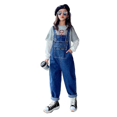 Rolanko Girls Overalls Denim Bib Distressed Jumpsuit Kids Blue Baggy Jean Pants with Pockets (10-12) - image 1