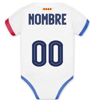 Genérico Body Bebé F.C.B 2ª Equipación   PERSONALIZABLE | Temporada 23/24 | Blanco con detalles azul y rojo | Personalizable con nombre y dorsal | Algodón suave (blanco y Azul, 18 meses)
