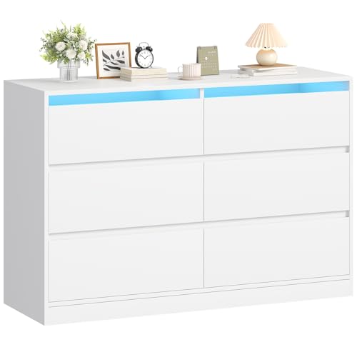 BEWISHOME Comoda Dormitorio,Cajonera con 6 Cajones,Cajonera Blanca con Luces LED,Comodas y Cajoneras,Cómoda Moderno para Pasillo,Salon,Tirador Oculto,108x40x75 cm EKCG08W