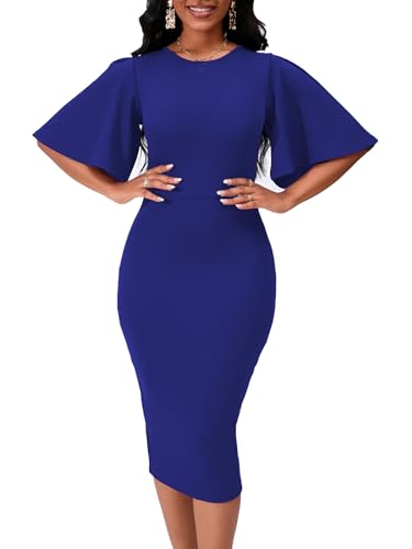 Image of Bdwinz Women's Basic Bodycon Ruffle Flared Short Sleeve Pencil Midi Dress