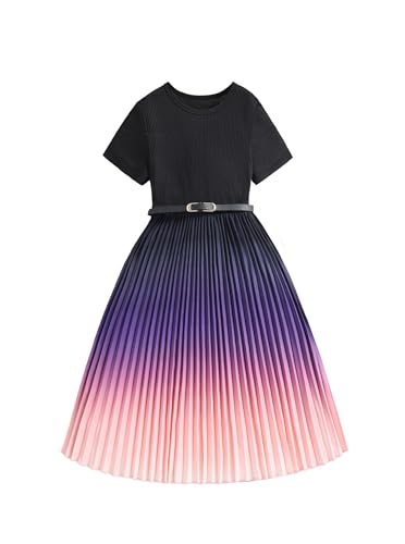 Hilinker Girls Short Sleeve Pleated Dress Summer Ribbed Crew Neck Dresses with Belt