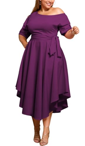 Image of Plus Size Women Wedding Guest Dress Off Shoulder Boat Neck Irregularly Flowy Midi Church Dress