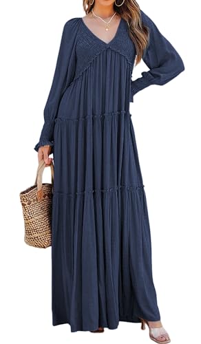 R.Vivimos Maxi Dress for Women Long Sleeve V Neck Empire Waist Layered Ruffle Boho Casual Flowy Long Dresses (Small, DarkBlue)