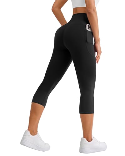 DLOODA Capri Leggings for Women, High Waisted Tummy Control Yoga Pants with Pockets for Athletic Workout Gym Black