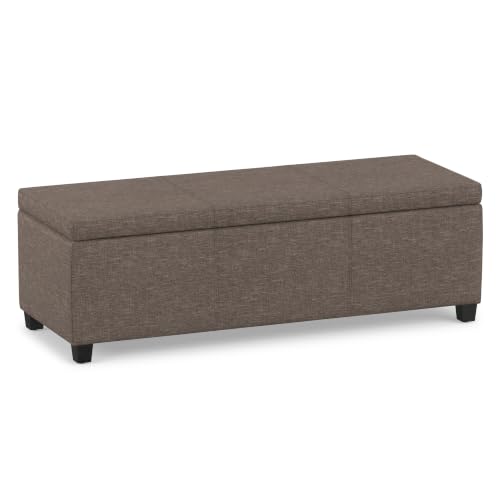 Image of SIMPLIHOME Avalon 48 inch Wide Linen Look Fabric Storage Ottoman in Fawn Brown