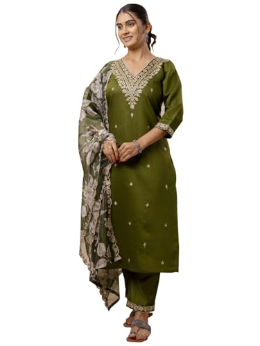 Image of VredeVogel Kurta Set with Dupatta | Embroidered Viscose Rayon Kurta Pant Set for Women | Women's Ethnic Casual Kurti Set