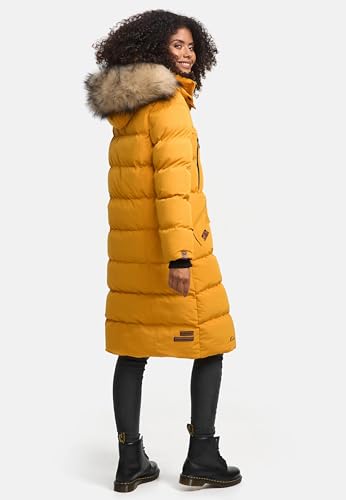 MARIKOO Damen Wintermantel warmer Steppmantel lang mit abnehmbarem Kunstfell und Kapuze Schneesternchen Yellow Gr. XS