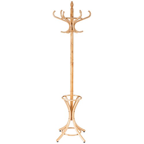 RELAX4LIFE Appendiabiti da Terra con Portaombrelli, Legno Massello, Attaccapanni Alto 184 cm, con 8 Ganci e Piedini, Stand Appendiabiti per Ingresso, Corridoio, Entrata